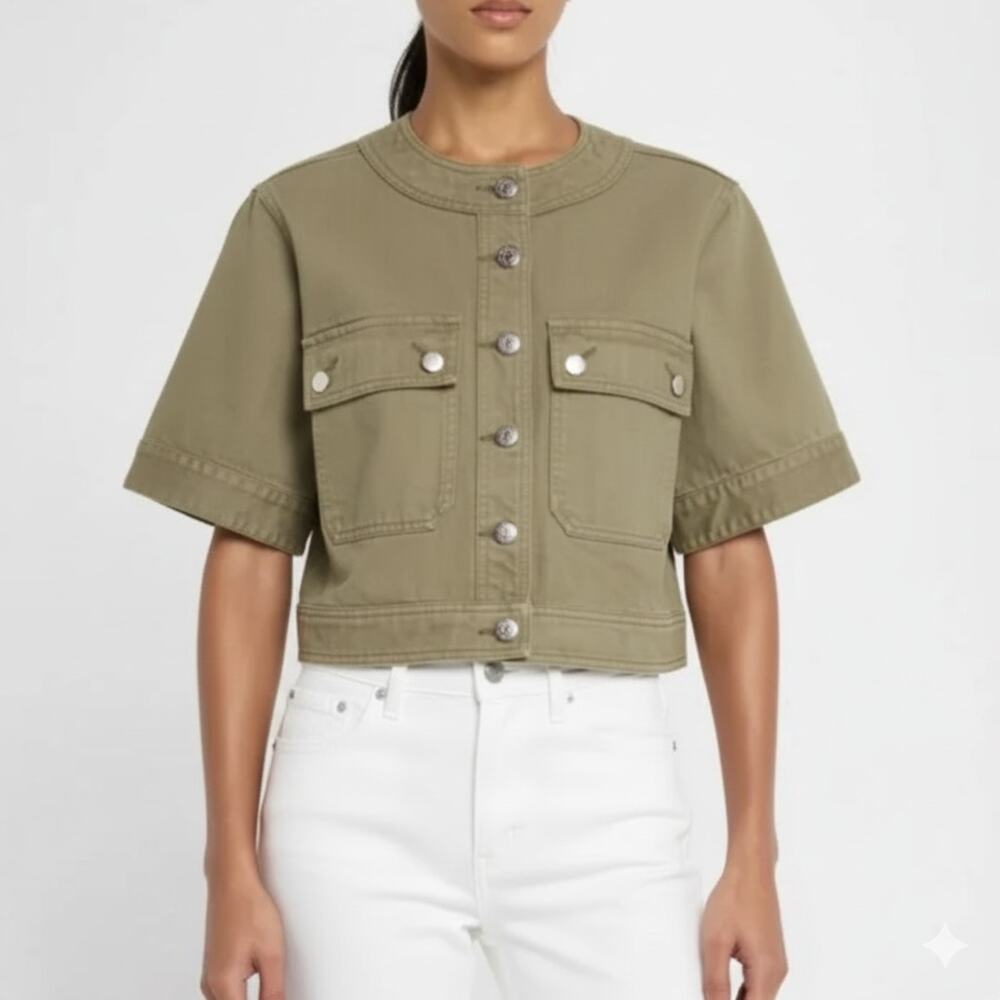$428 Veronica Beard Elias Green Cotton Jacket Womens Size M Short Sleeve New